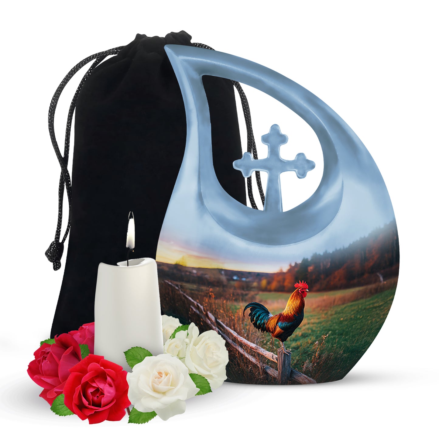 Dusty Blue Hen Cremation Urn top-down view of secure threaded lid - sacred cross merged with hen motif on metal - full-size 10 inch 200 cubic inch adult cremation urn
