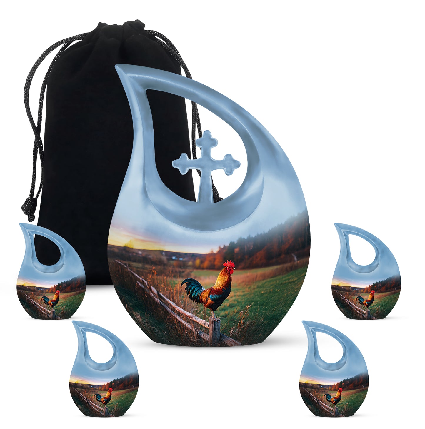 Indigo Hen Cremation Urn urn with complimentary velvet bag - sacred cross merged with hen motif on metal - memorial set with one large and four small urns
