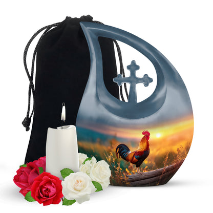 Serene Blue Hen Cremation Urn top-down view of secure threaded lid - faith-inspired cross-drop urn with hen pattern - full-size 10 inch 200 cubic inch adult cremation urn