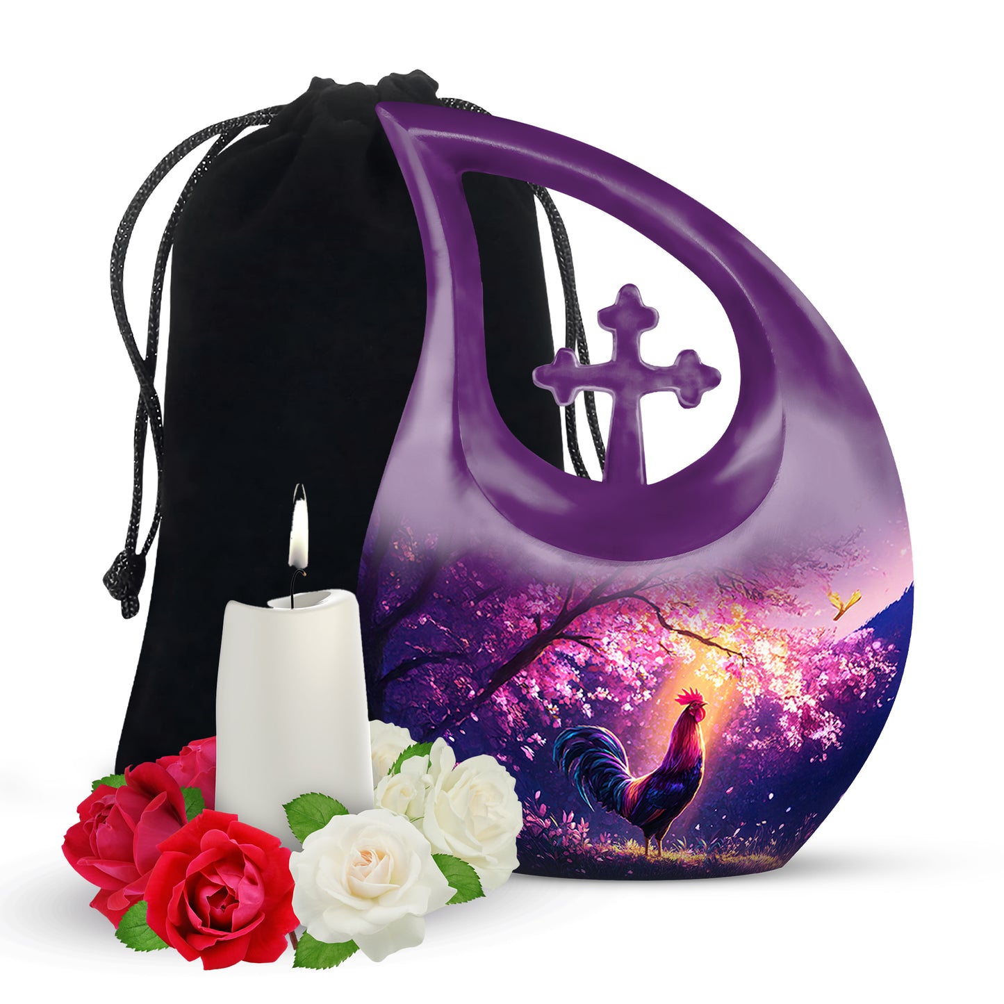 Dusty Pink Hen Cremation Urn top-down view of secure threaded lid - devotional cross-drop hen engraving - full-size 10 inch 200 cubic inch adult cremation urn
