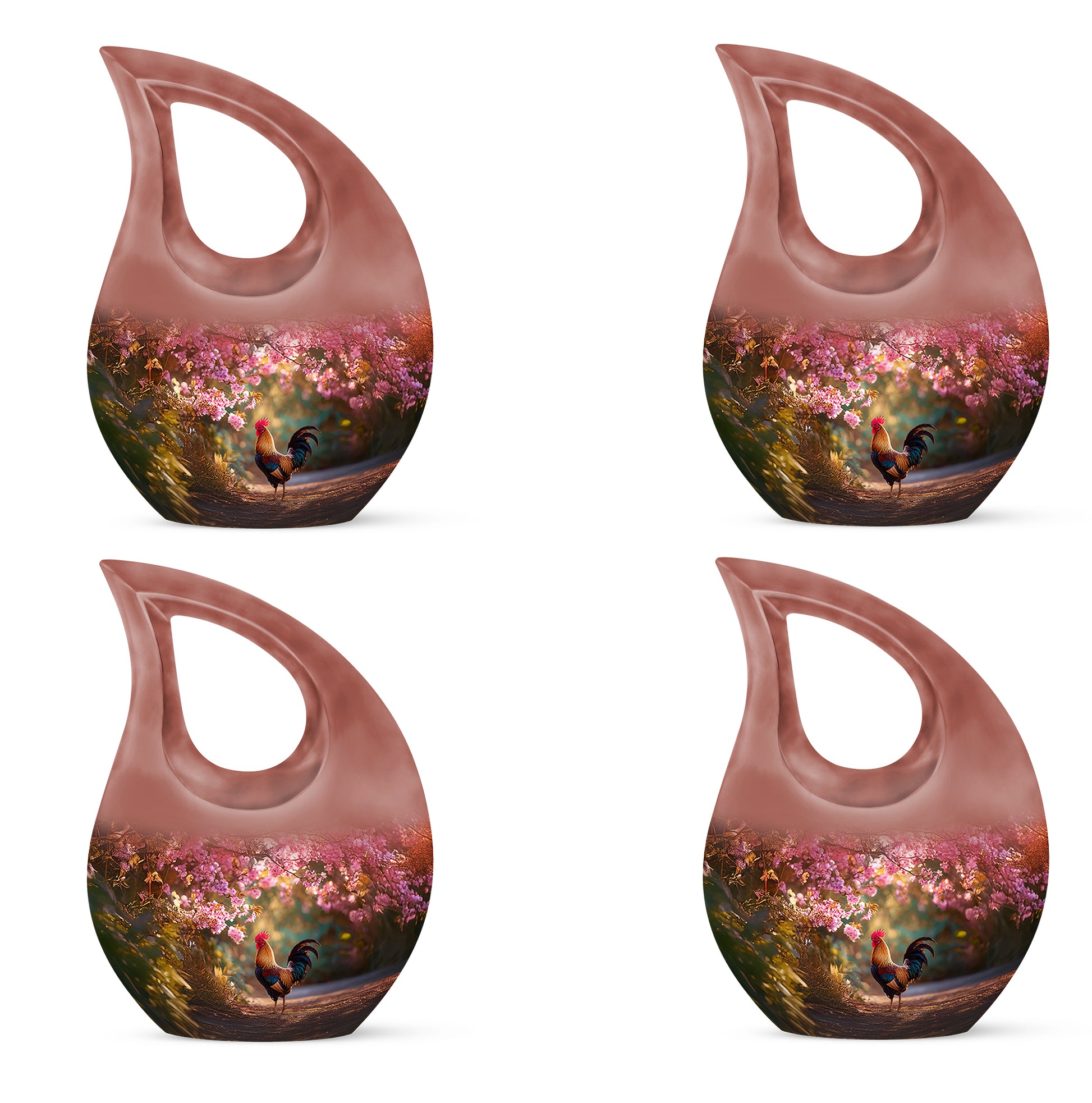 Crimson Red Hen Cremation Urn lifestyle display on memorial shelf - cross and hen combined in spiritual memorial design - 10 inch aluminum urn for cremated remains