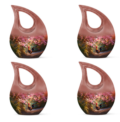 Crimson Red Hen Cremation Urn lifestyle display on memorial shelf - cross and hen combined in spiritual memorial design - 10 inch aluminum urn for cremated remains