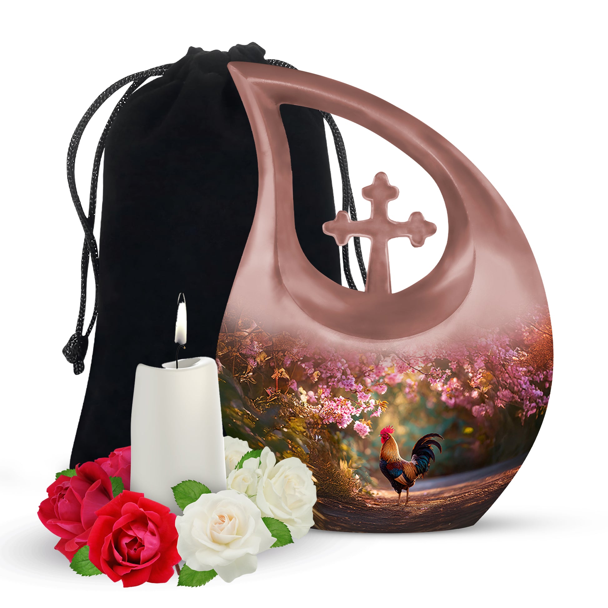 Deep Red Hen Cremation Urn top-down view of secure threaded lid - sacred cross merged with hen motif on metal - full-size 10 inch 200 cubic inch adult cremation urn