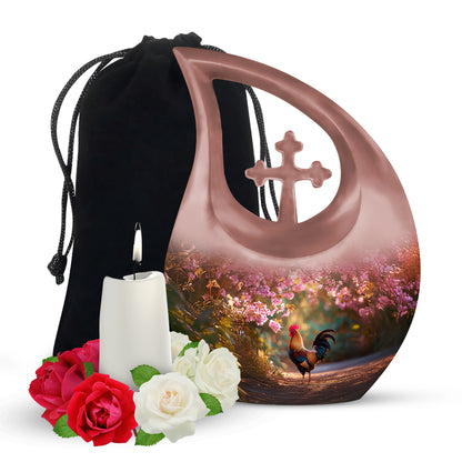 Deep Red Hen Cremation Urn top-down view of secure threaded lid - sacred cross merged with hen motif on metal - full-size 10 inch 200 cubic inch adult cremation urn