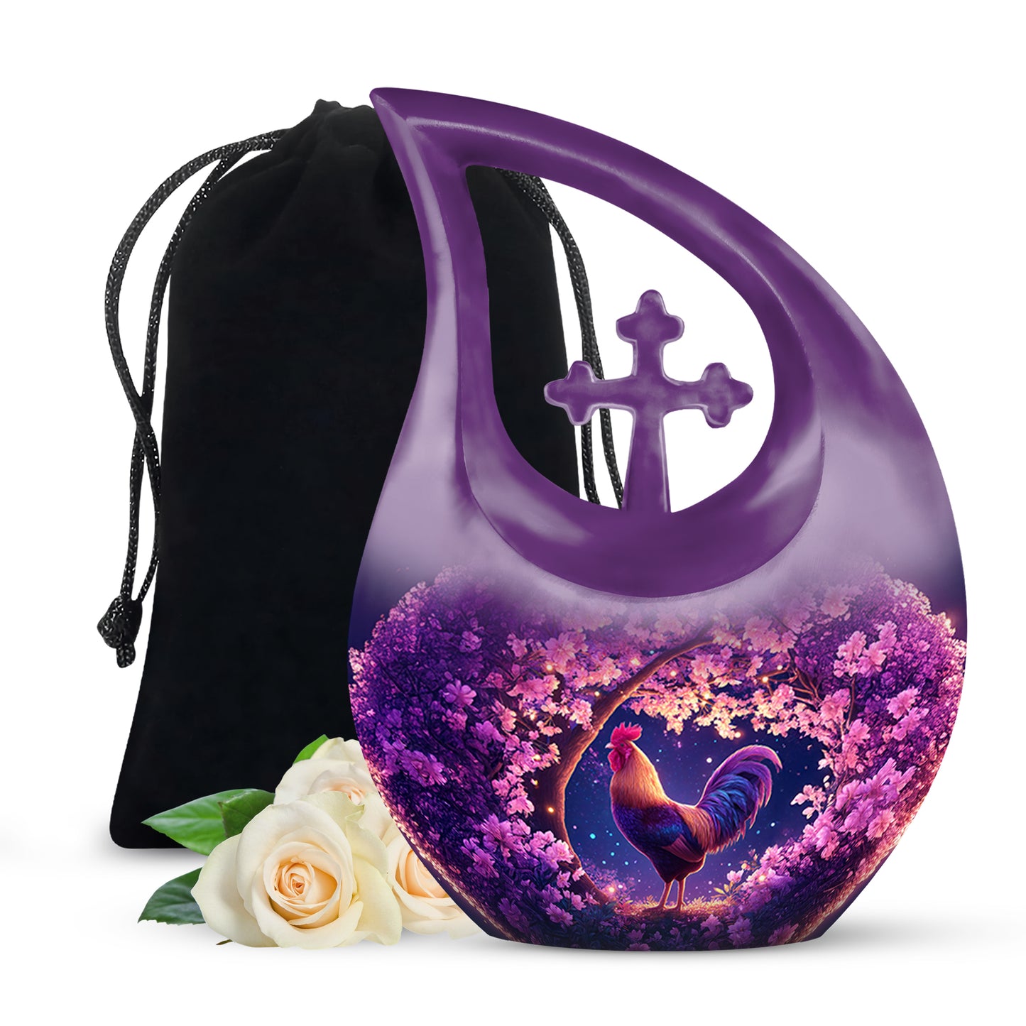 Pastel Pink Hen Cremation Urn top-down view of secure threaded lid - sacred cross merged with hen motif on metal - full-size 10 inch 200 cubic inch adult cremation urn