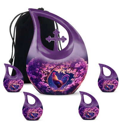 Peony Pink Hen Cremation Urn urn with complimentary velvet bag - cross and hen combined in spiritual memorial design - memorial set with one large and four small urns