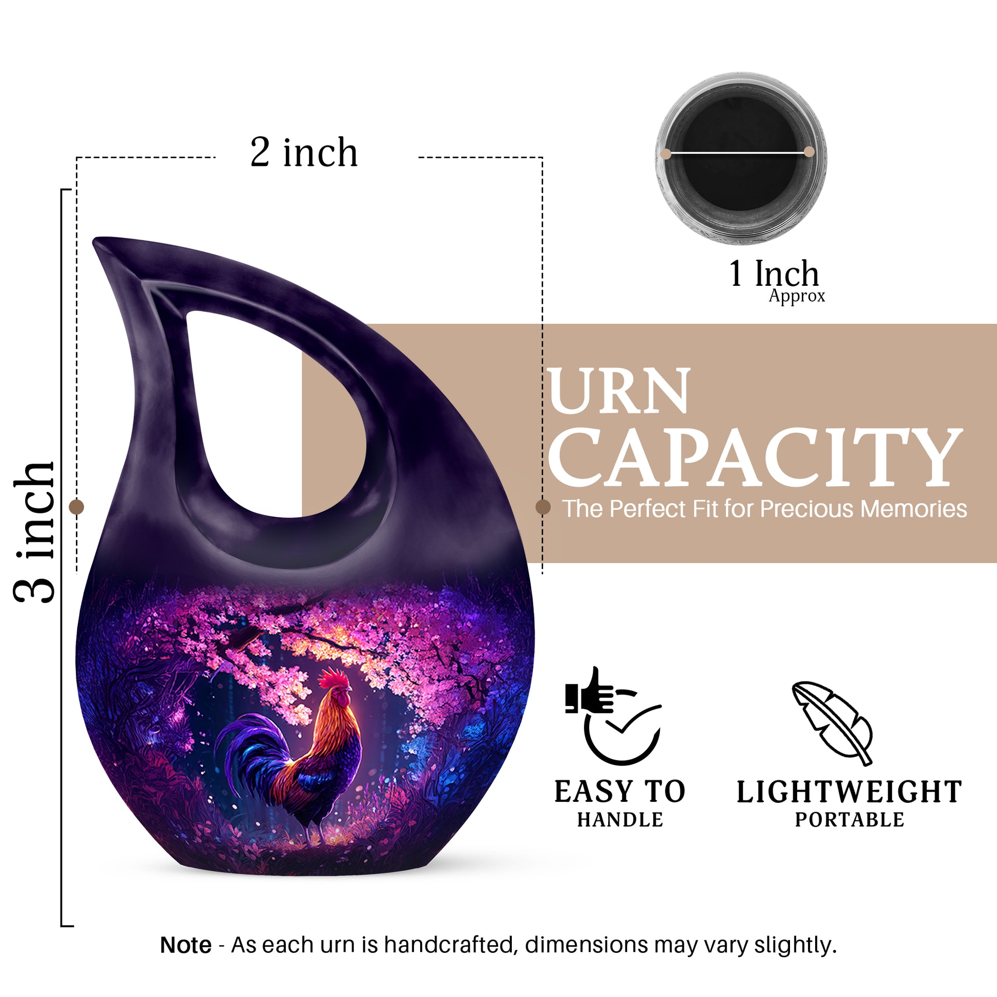 Royal Purple Hen Cremation Urn back view with polished surface - devotional cross-drop hen engraving - mini keepsake memorial for portion of cremation ashes