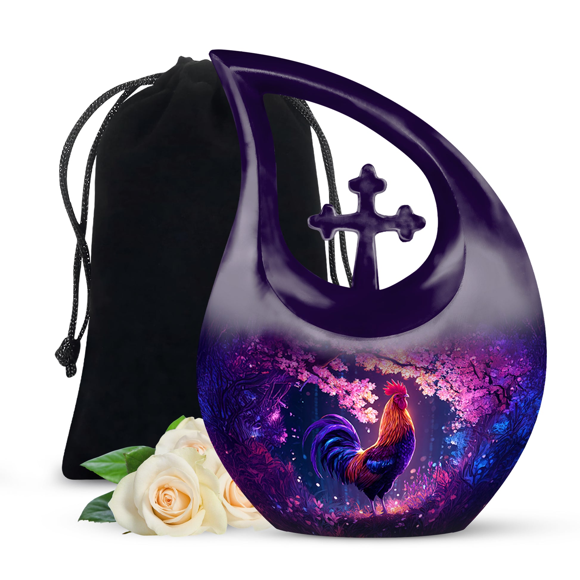 Grape Purple Hen Cremation Urn top-down view of secure threaded lid - faith-inspired cross-drop urn with hen pattern - full-size 10 inch 200 cubic inch adult cremation urn