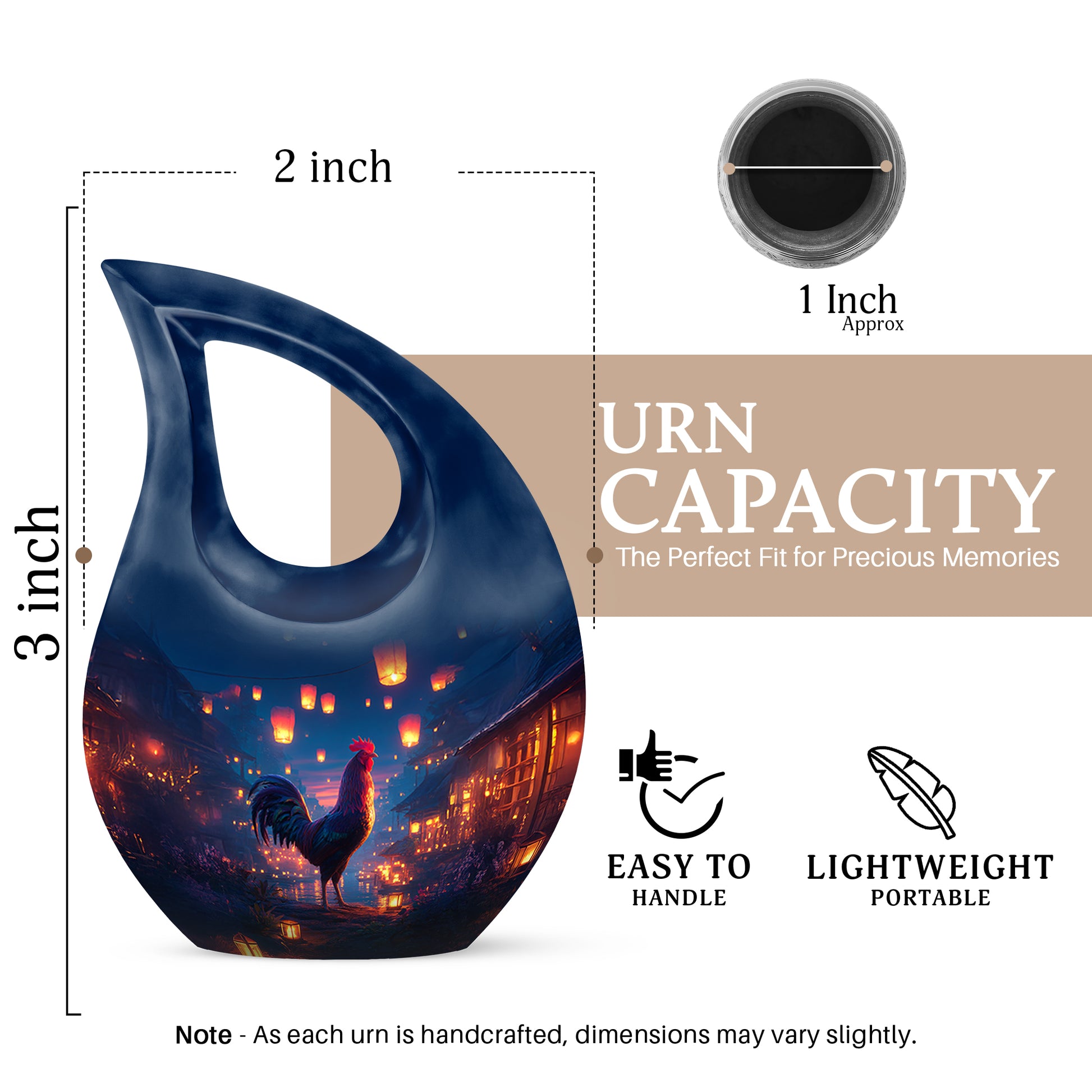 Sapphire Blue Hen Cremation Urn back view with polished surface - faith-inspired cross-drop urn with hen pattern - mini keepsake memorial for portion of cremation ashes