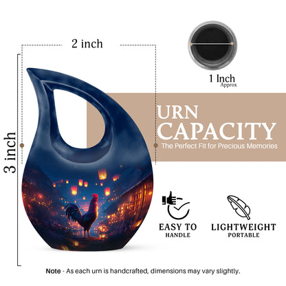 Sapphire Blue Hen Cremation Urn back view with polished surface - faith-inspired cross-drop urn with hen pattern - mini keepsake memorial for portion of cremation ashes
