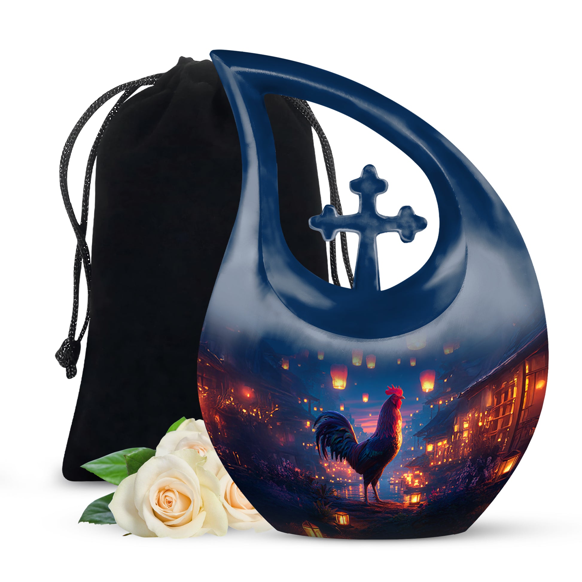 Powder Blue Hen Cremation Urn top-down view of secure threaded lid - sacred cross merged with hen motif on metal - full-size 10 inch 200 cubic inch adult cremation urn