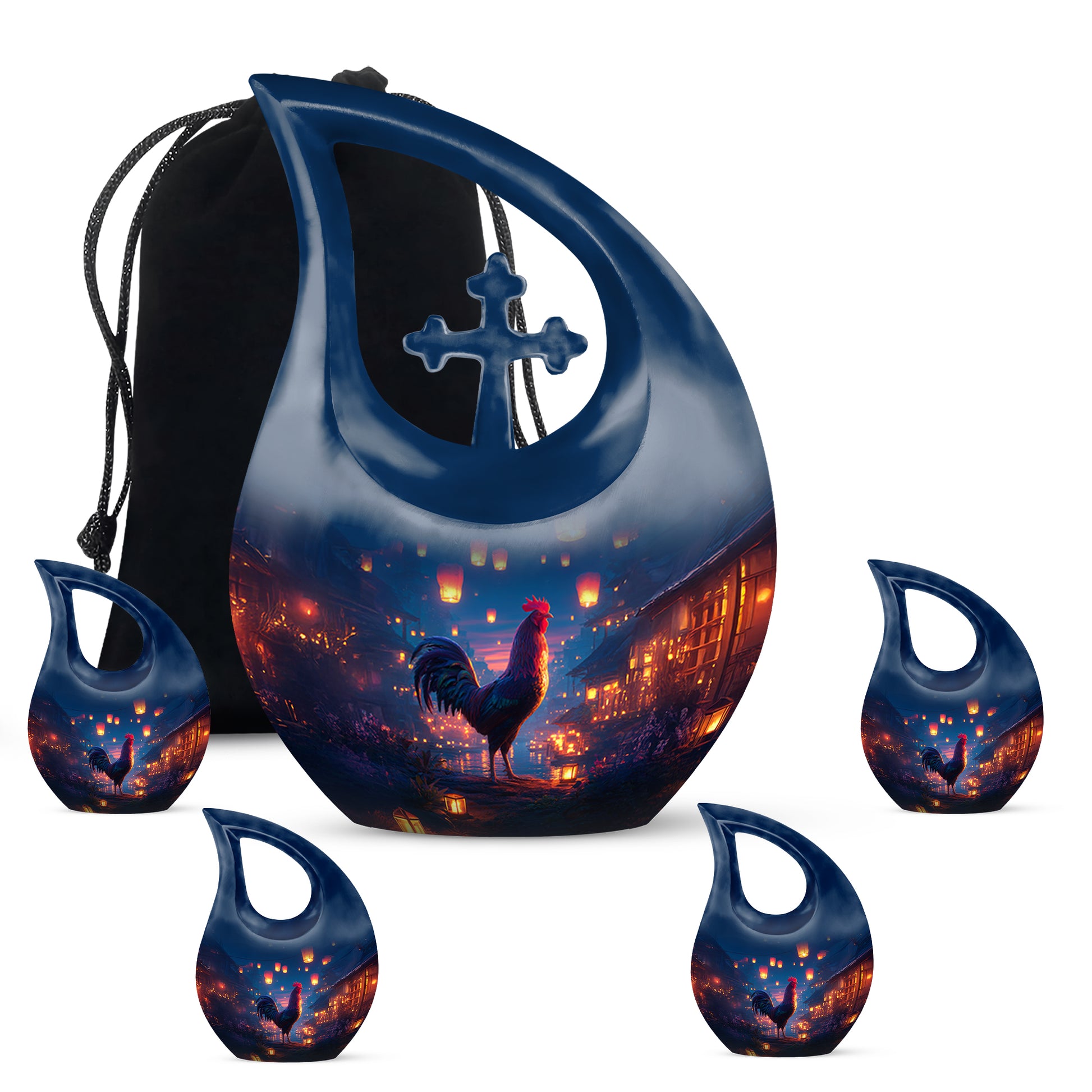 Twilight Blue Hen Cremation Urn urn with complimentary velvet bag - faith-inspired cross-drop urn with hen pattern - memorial set with one large and four small urns
