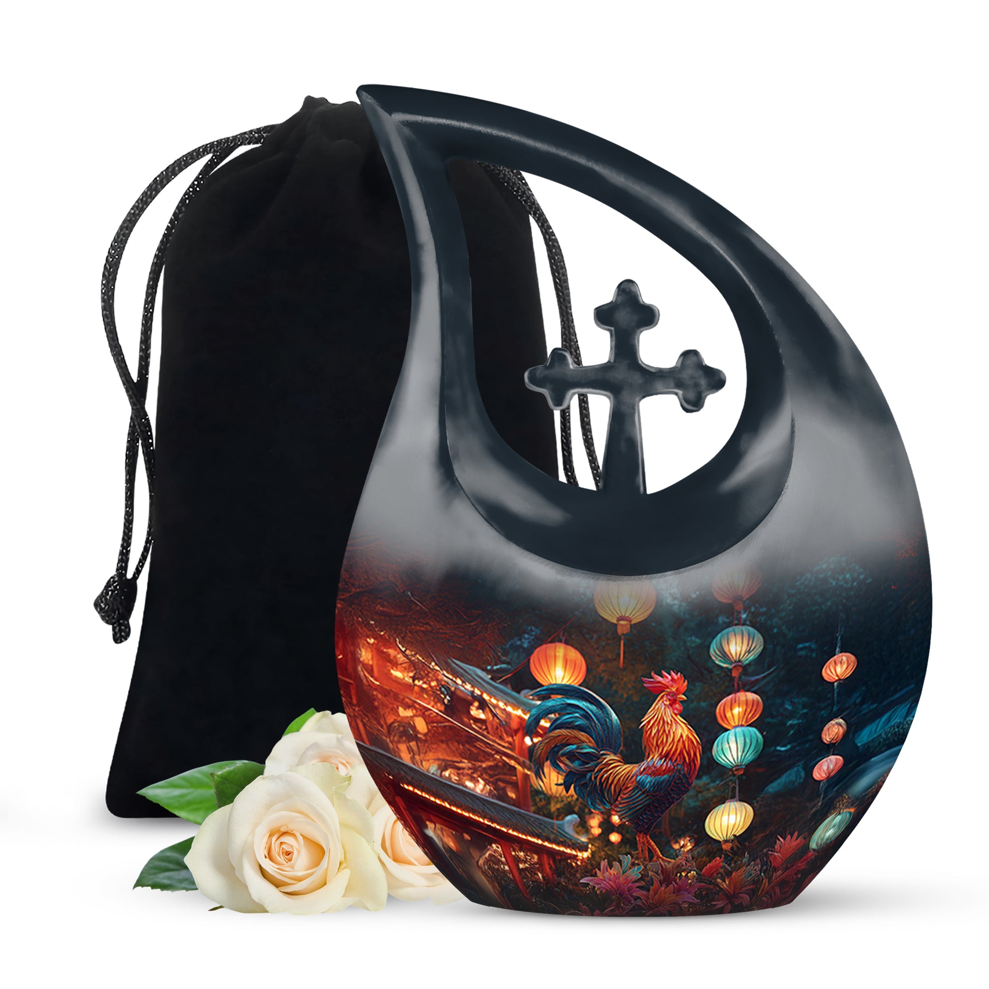 Navy Blue Hen Cremation Urn top-down view of secure threaded lid - cross and hen combined in spiritual memorial design - full-size 10 inch 200 cubic inch adult cremation urn