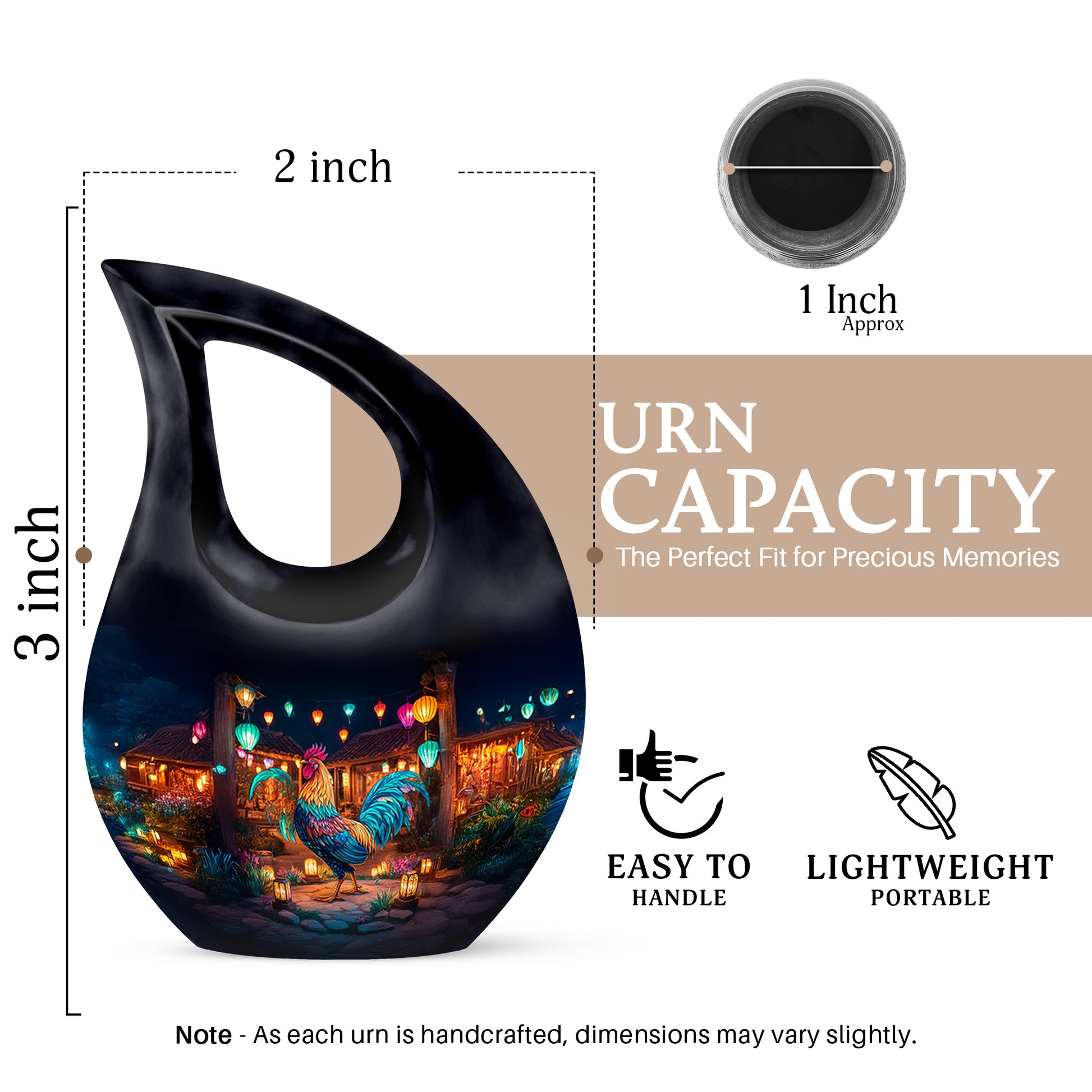 Obsidian Black Hen Cremation Urn back view with polished surface - faith-inspired cross-drop urn with hen pattern - mini keepsake memorial for portion of cremation ashes