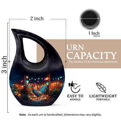 Obsidian Black Hen Cremation Urn back view with polished surface - faith-inspired cross-drop urn with hen pattern - mini keepsake memorial for portion of cremation ashes