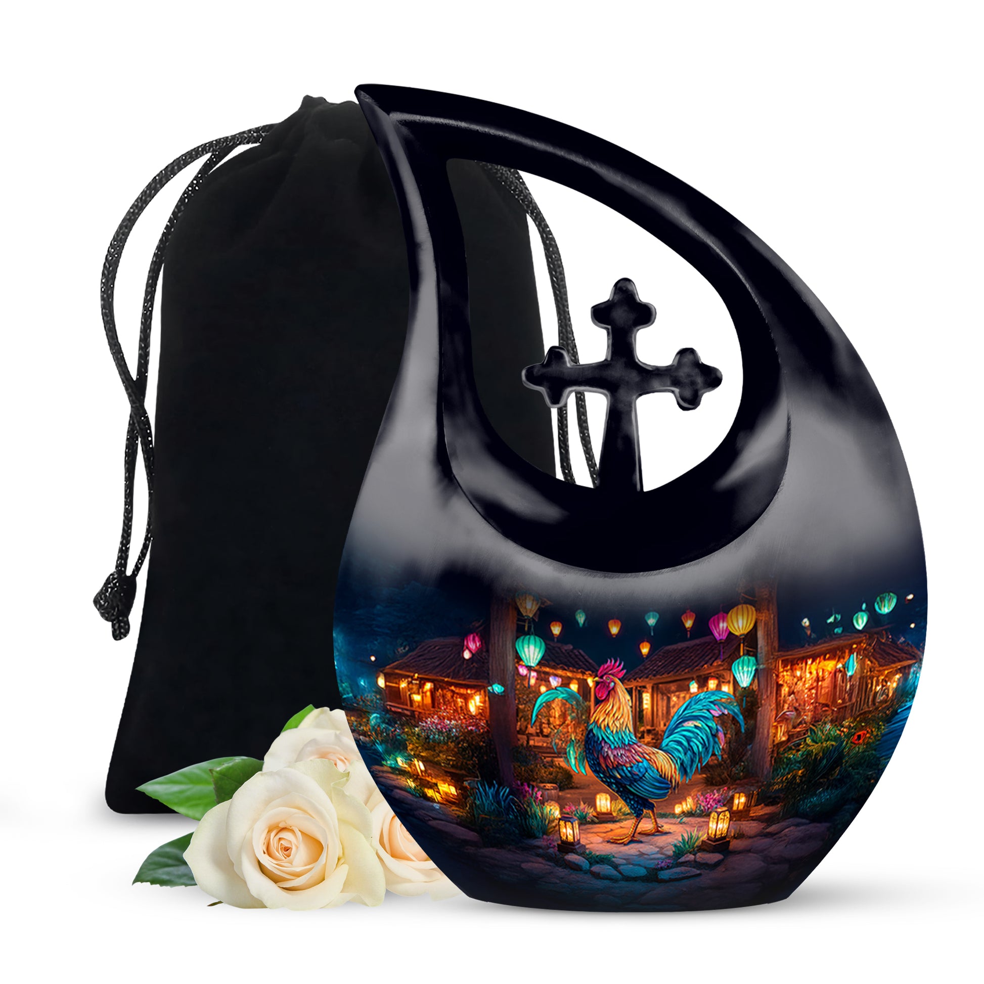 Dark Black Hen Cremation Urn top-down view of secure threaded lid - devotional cross-drop hen engraving - full-size 10 inch 200 cubic inch adult cremation urn