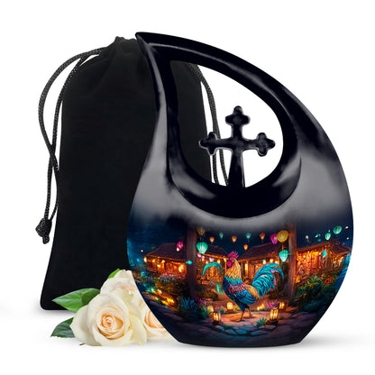Dark Black Hen Cremation Urn top-down view of secure threaded lid - devotional cross-drop hen engraving - full-size 10 inch 200 cubic inch adult cremation urn
