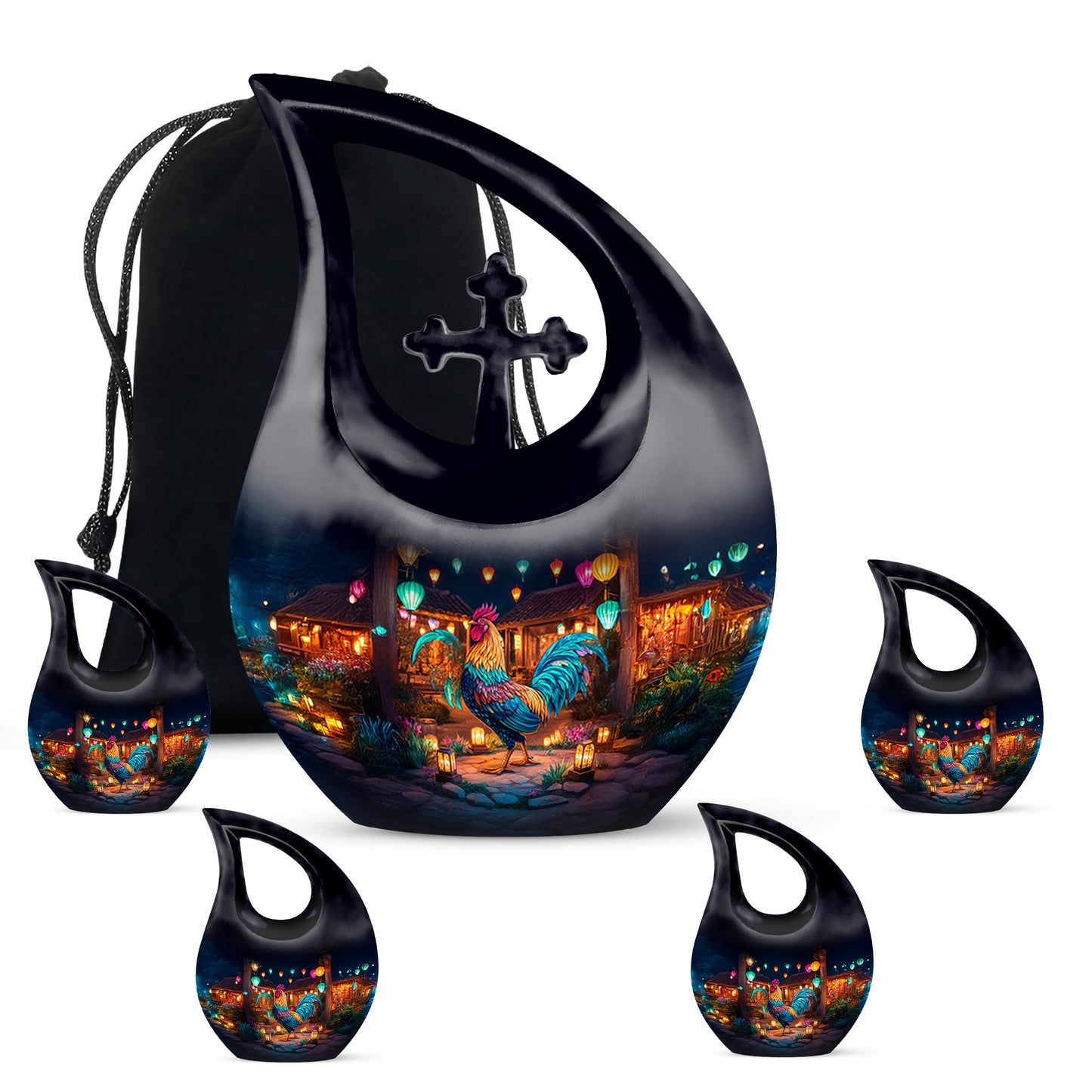 Ebony Hen Cremation Urn urn with complimentary velvet bag - cross and hen combined in spiritual memorial design - memorial set with one large and four small urns