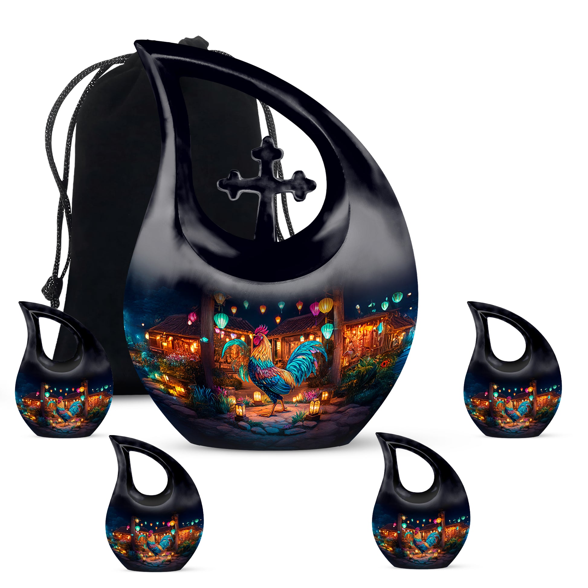 Ebony Hen Cremation Urn urn with complimentary velvet bag - cross and hen combined in spiritual memorial design - memorial set with one large and four small urns