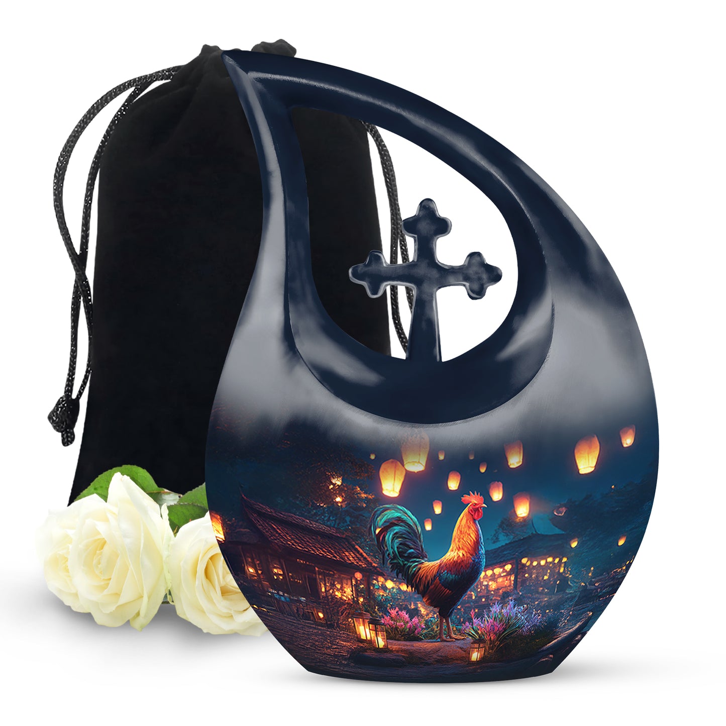 Icy Blue Hen Cremation Urn top-down view of secure threaded lid - sacred cross merged with hen motif on metal - full-size 10 inch 200 cubic inch adult cremation urn