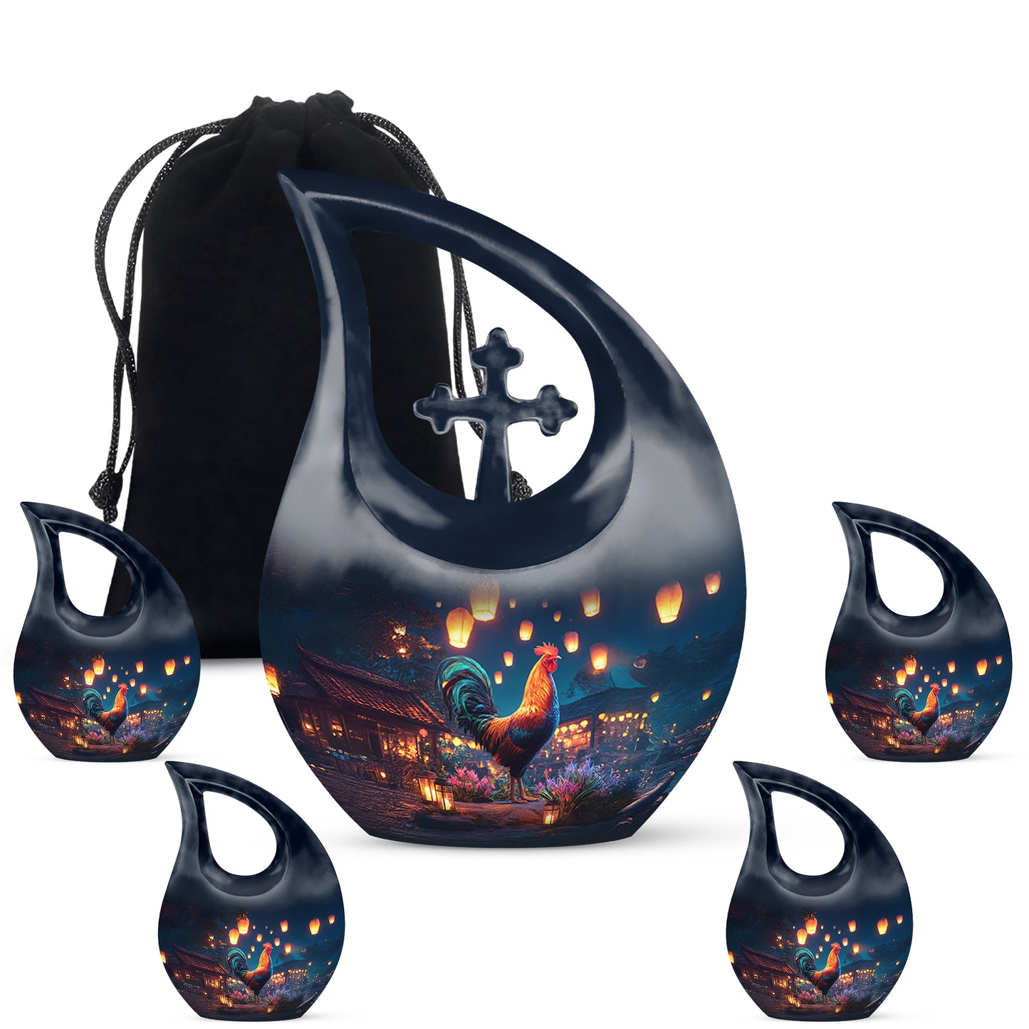 Icy Blue Hen Cremation Urn urn with complimentary velvet bag - cross and hen combined in spiritual memorial design - memorial set with one large and four small urns