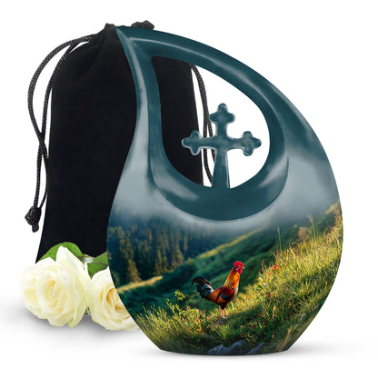 Cobalt Blue Hen Cremation Urn top-down view of secure threaded lid - faith-inspired cross-drop urn with hen pattern - full-size 10 inch 200 cubic inch adult cremation urn