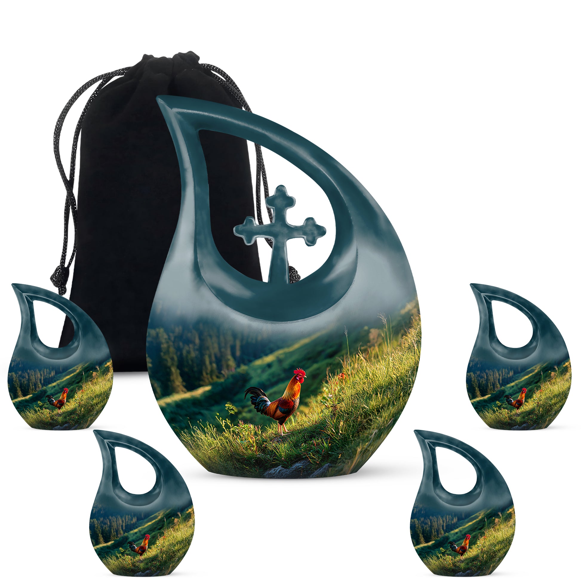 Celestial Blue Hen Cremation Urn urn with complimentary velvet bag - cross and hen combined in spiritual memorial design - memorial set with one large and four small urns