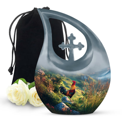 Powder Blue Hen Cremation Urn top-down view of secure threaded lid - cross and hen combined in spiritual memorial design - full-size 10 inch 200 cubic inch adult cremation urn