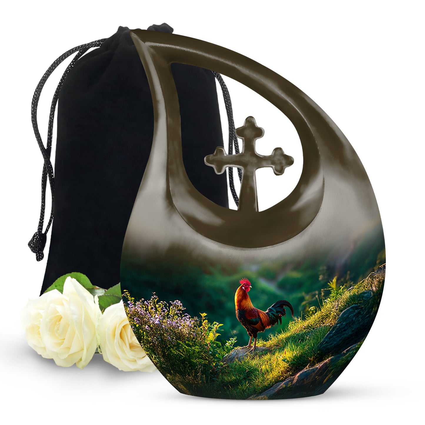 Champagne Gold Hen Cremation Urn top-down view of secure threaded lid - sacred cross merged with hen motif on metal - full-size 10 inch 200 cubic inch adult cremation urn