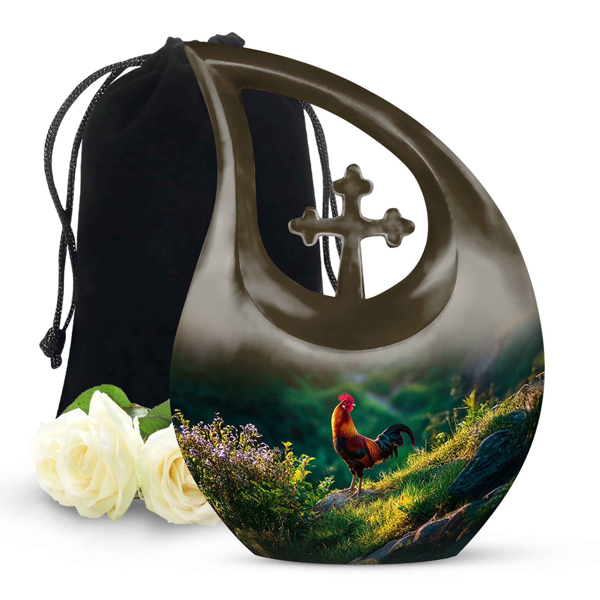 Champagne Gold Hen Cremation Urn top-down view of secure threaded lid - sacred cross merged with hen motif on metal - full-size 10 inch 200 cubic inch adult cremation urn