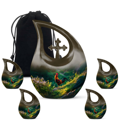 Sunrise Gold Hen Cremation Urn urn with complimentary velvet bag - cross and hen combined in spiritual memorial design - memorial set with one large and four small urns