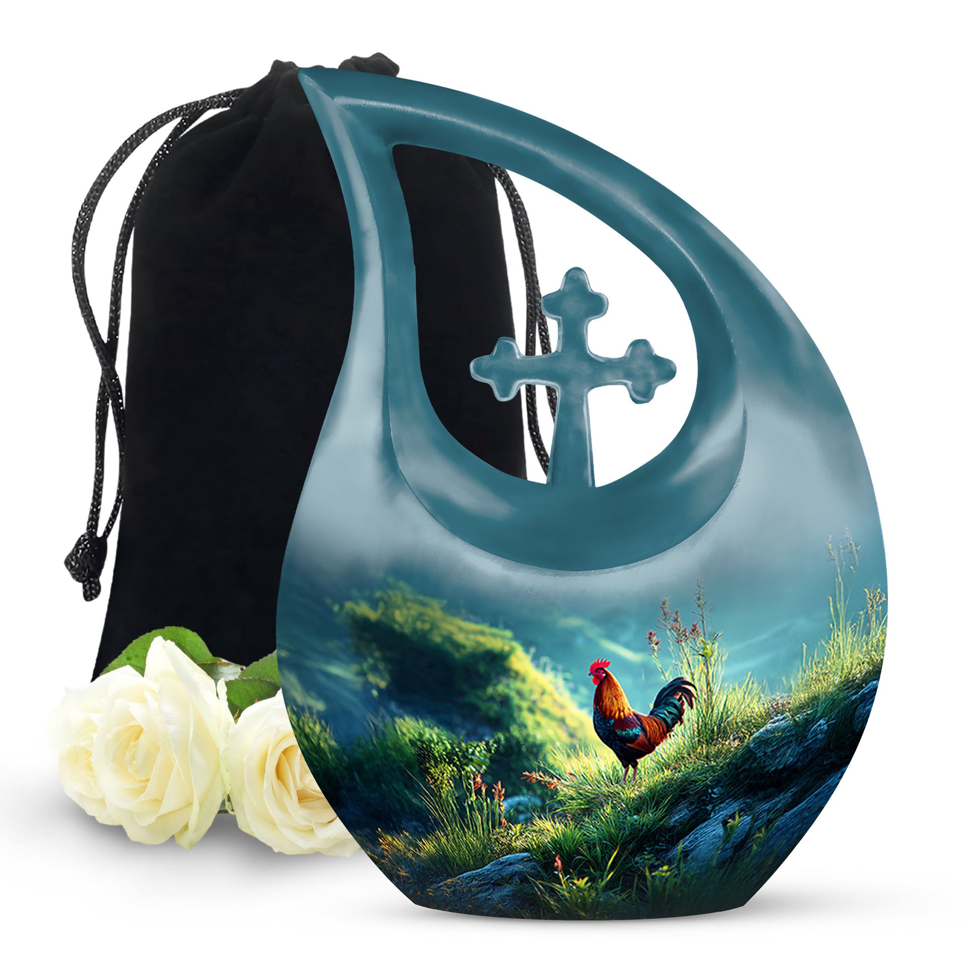 Deep Teal Hen Cremation Urn top-down view of secure threaded lid - faith-inspired cross-drop urn with hen pattern - full-size 10 inch 200 cubic inch adult cremation urn