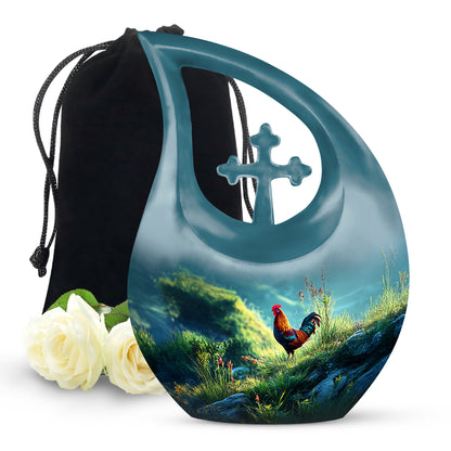 Deep Teal Hen Cremation Urn top-down view of secure threaded lid - faith-inspired cross-drop urn with hen pattern - full-size 10 inch 200 cubic inch adult cremation urn