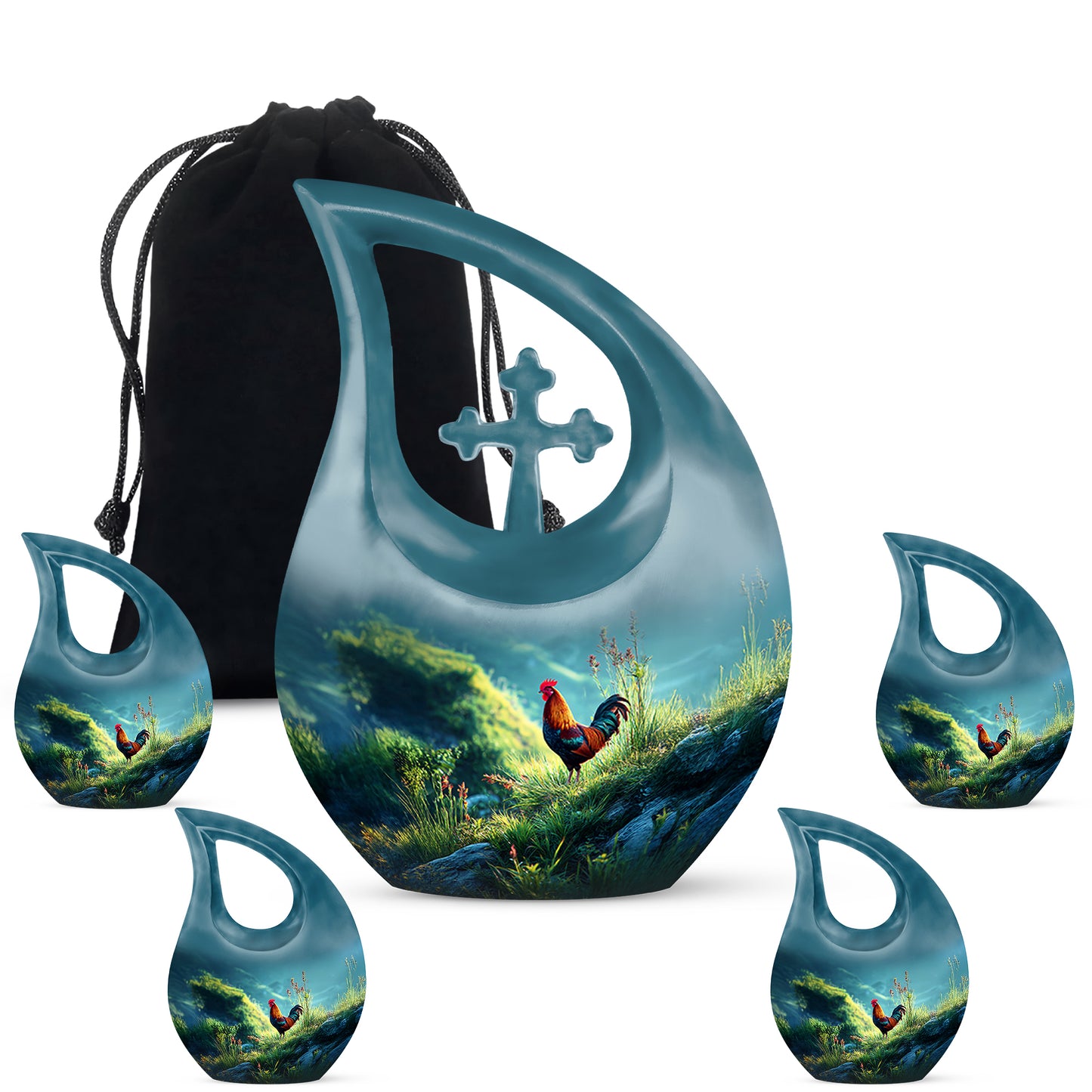 Mystic Teal Hen Cremation Urn urn with complimentary velvet bag - faith-inspired cross-drop urn with hen pattern - memorial set with one large and four small urns