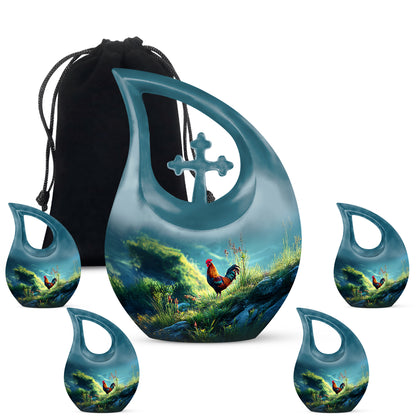 Mystic Teal Hen Cremation Urn urn with complimentary velvet bag - faith-inspired cross-drop urn with hen pattern - memorial set with one large and four small urns