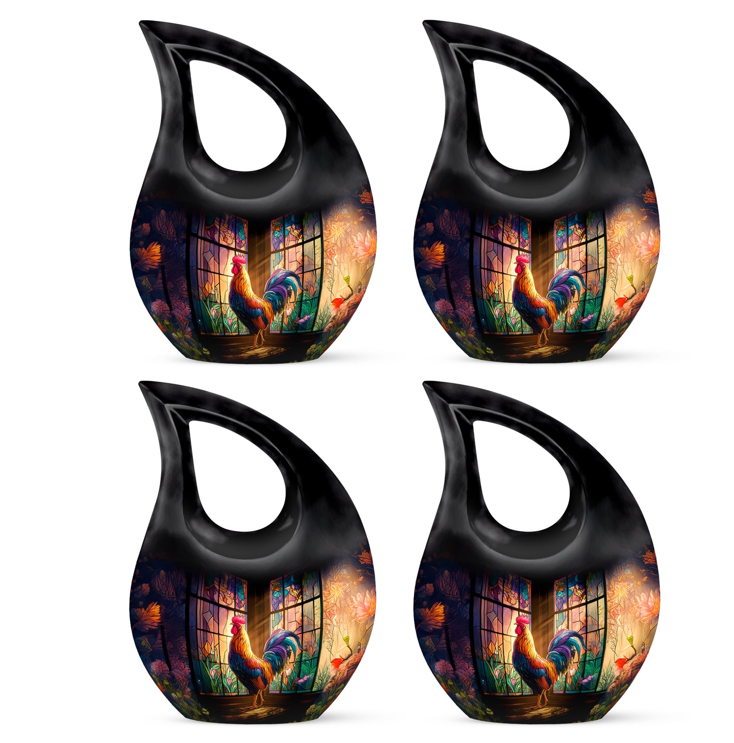 Obsidian Black Hen Cremation Urn lifestyle display on memorial shelf - faith-inspired cross-drop urn with hen pattern - 10 inch aluminum urn for cremated remains