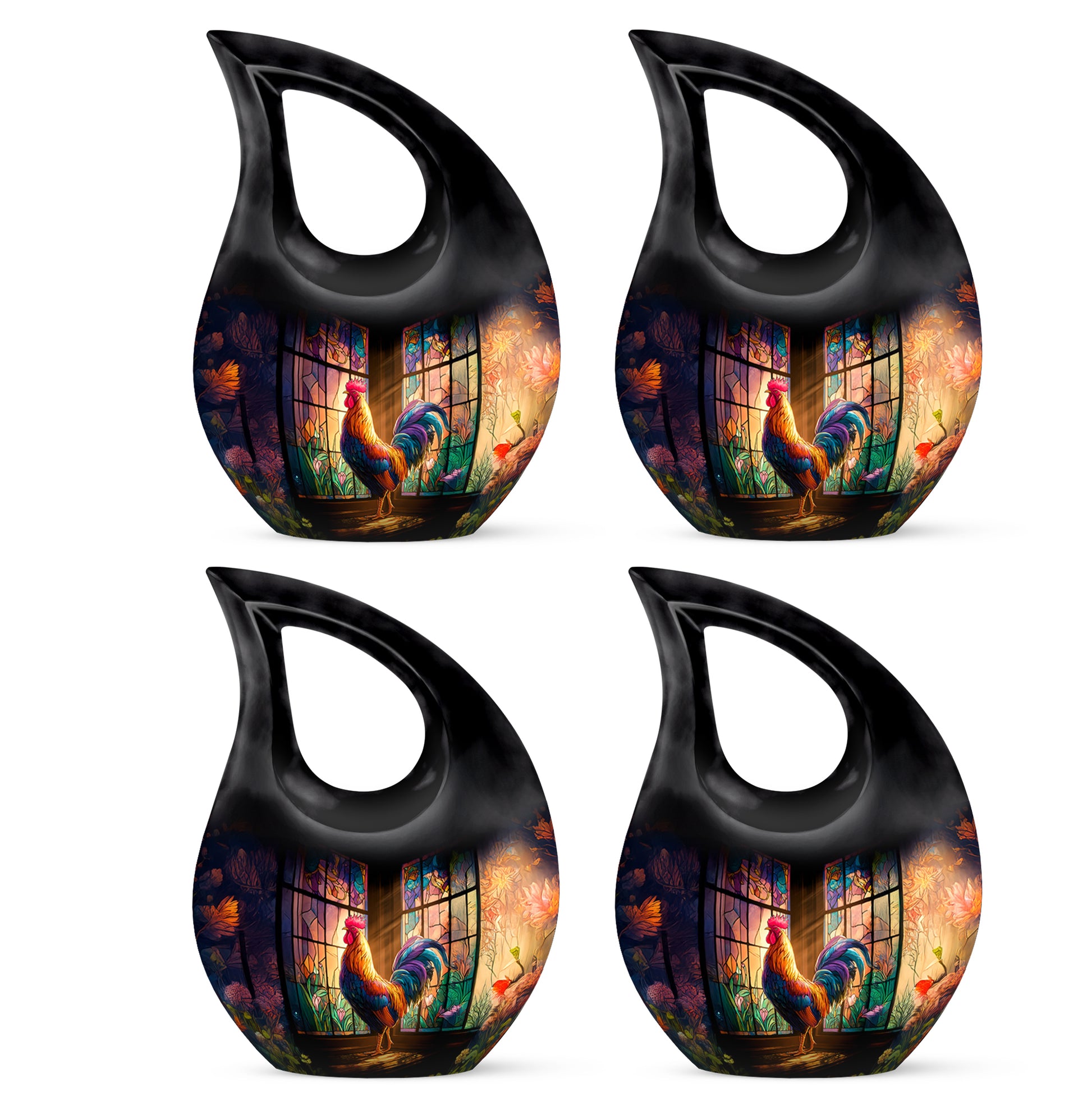 Obsidian Black Hen Cremation Urn lifestyle display on memorial shelf - faith-inspired cross-drop urn with hen pattern - 10 inch aluminum urn for cremated remains