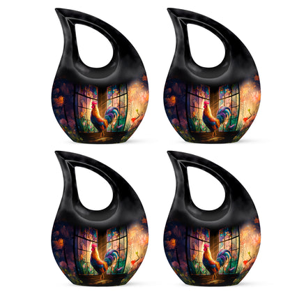 Obsidian Black Hen Cremation Urn lifestyle display on memorial shelf - faith-inspired cross-drop urn with hen pattern - 10 inch aluminum urn for cremated remains