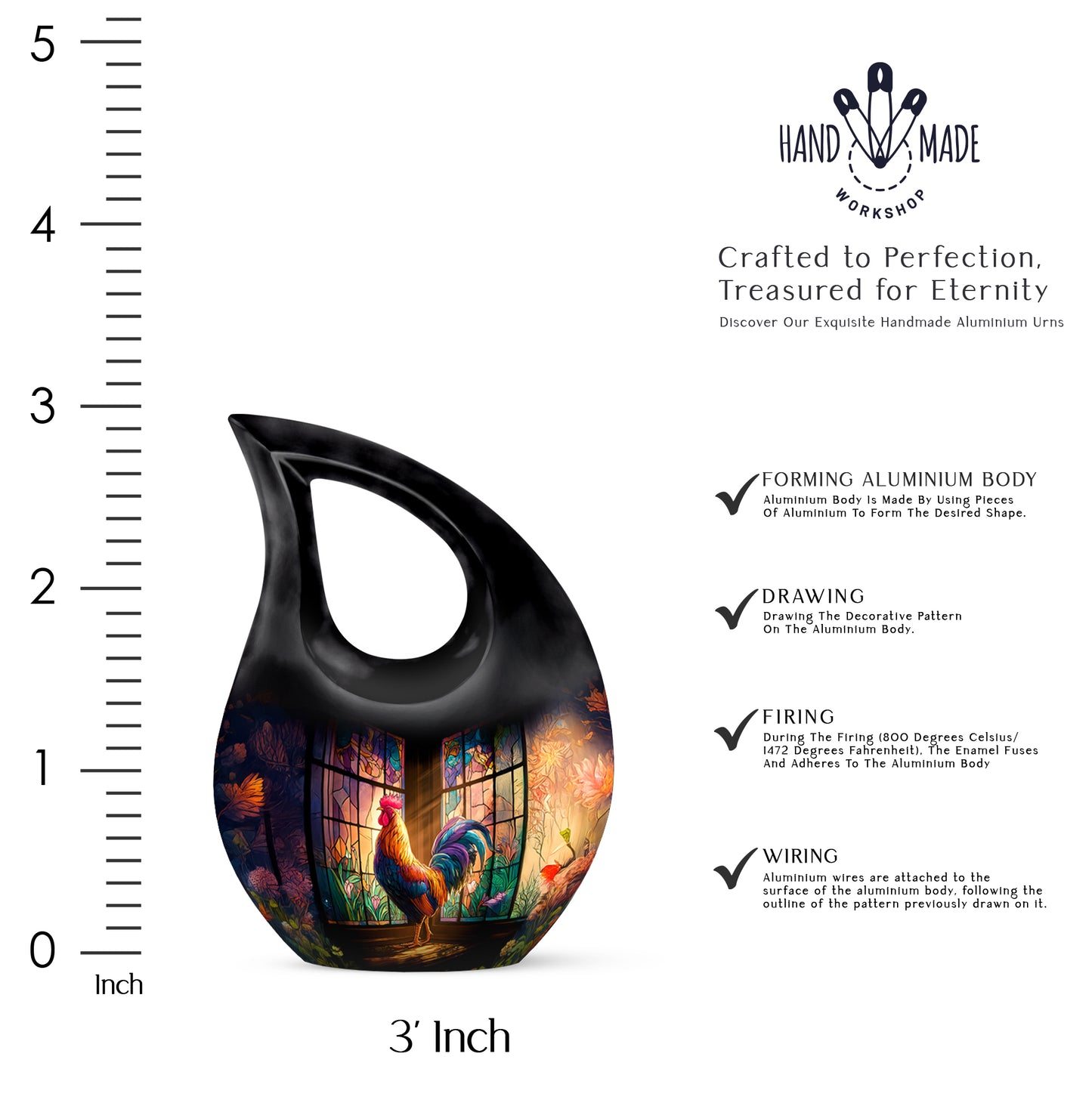 Rich Black Hen Cremation Urn back view with polished surface - cross and hen combined in spiritual memorial design - mini keepsake memorial for portion of cremation ashes