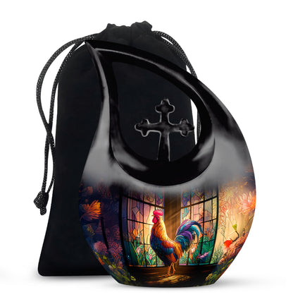 Jet Black Hen Cremation Urn top-down view of secure threaded lid - cross and hen combined in spiritual memorial design - full-size 10 inch 200 cubic inch adult cremation urn