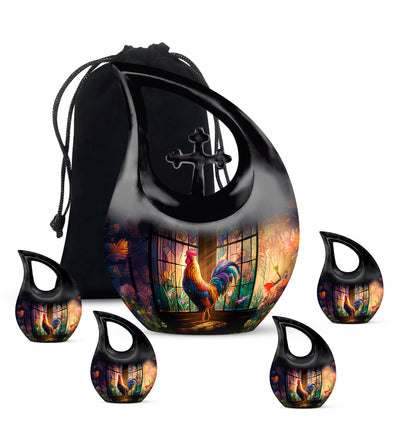 Deep Black Hen Cremation Urn urn with complimentary velvet bag - cross and hen combined in spiritual memorial design - memorial set with one large and four small urns