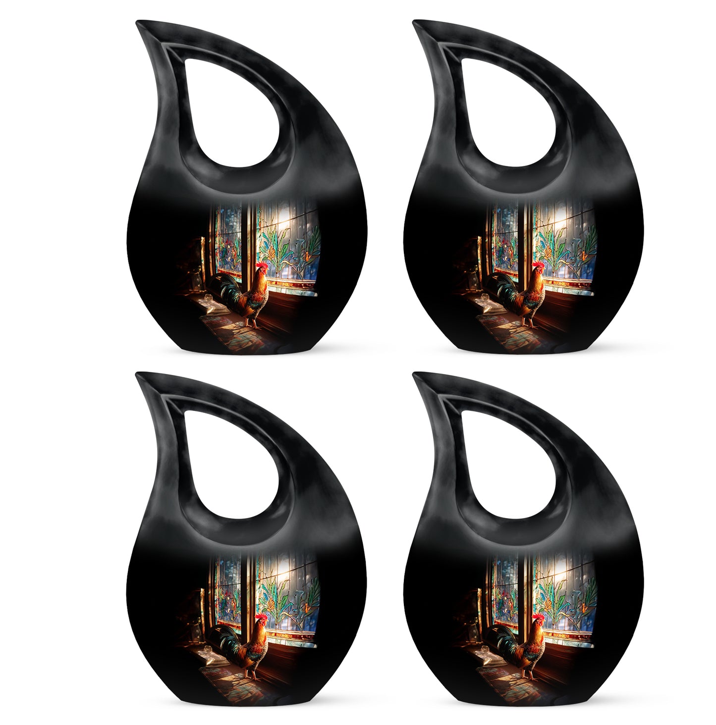 Ebony Hen Cremation Urn lifestyle display on memorial shelf - sacred cross merged with hen motif on metal - 10 inch aluminum urn for cremated remains