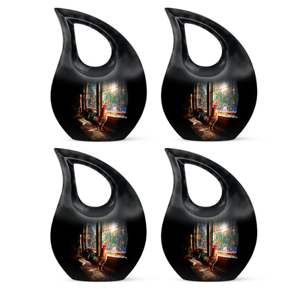 Ebony Hen Cremation Urn lifestyle display on memorial shelf - sacred cross merged with hen motif on metal - 10 inch aluminum urn for cremated remains