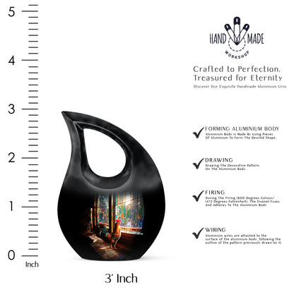 Deep Black Hen Cremation Urn back view with polished surface - sacred cross merged with hen motif on metal - mini keepsake memorial for portion of cremation ashes