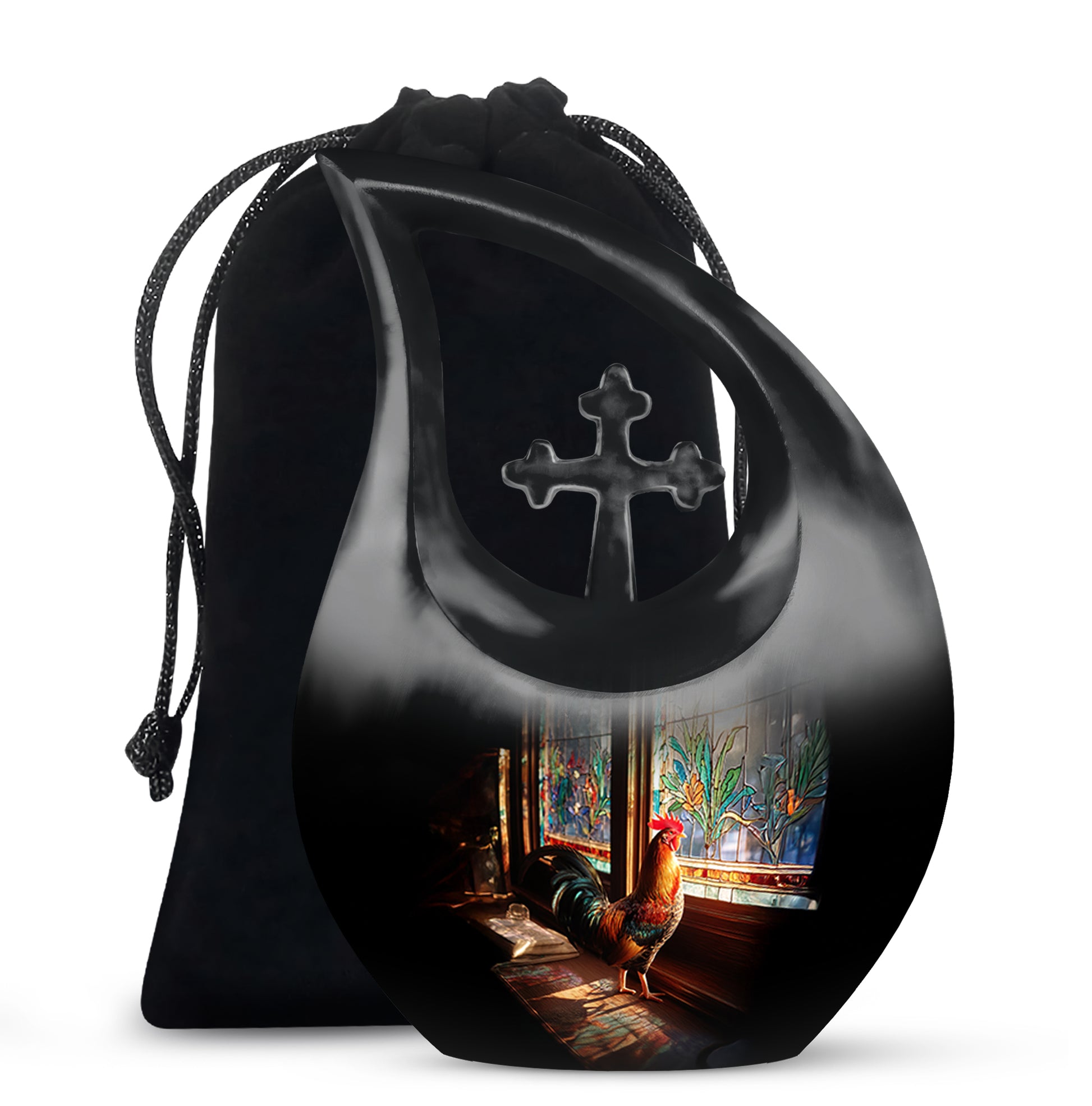 Midnight Black Hen Cremation Urn top-down view of secure threaded lid - faith-inspired cross-drop urn with hen pattern - full-size 10 inch 200 cubic inch adult cremation urn