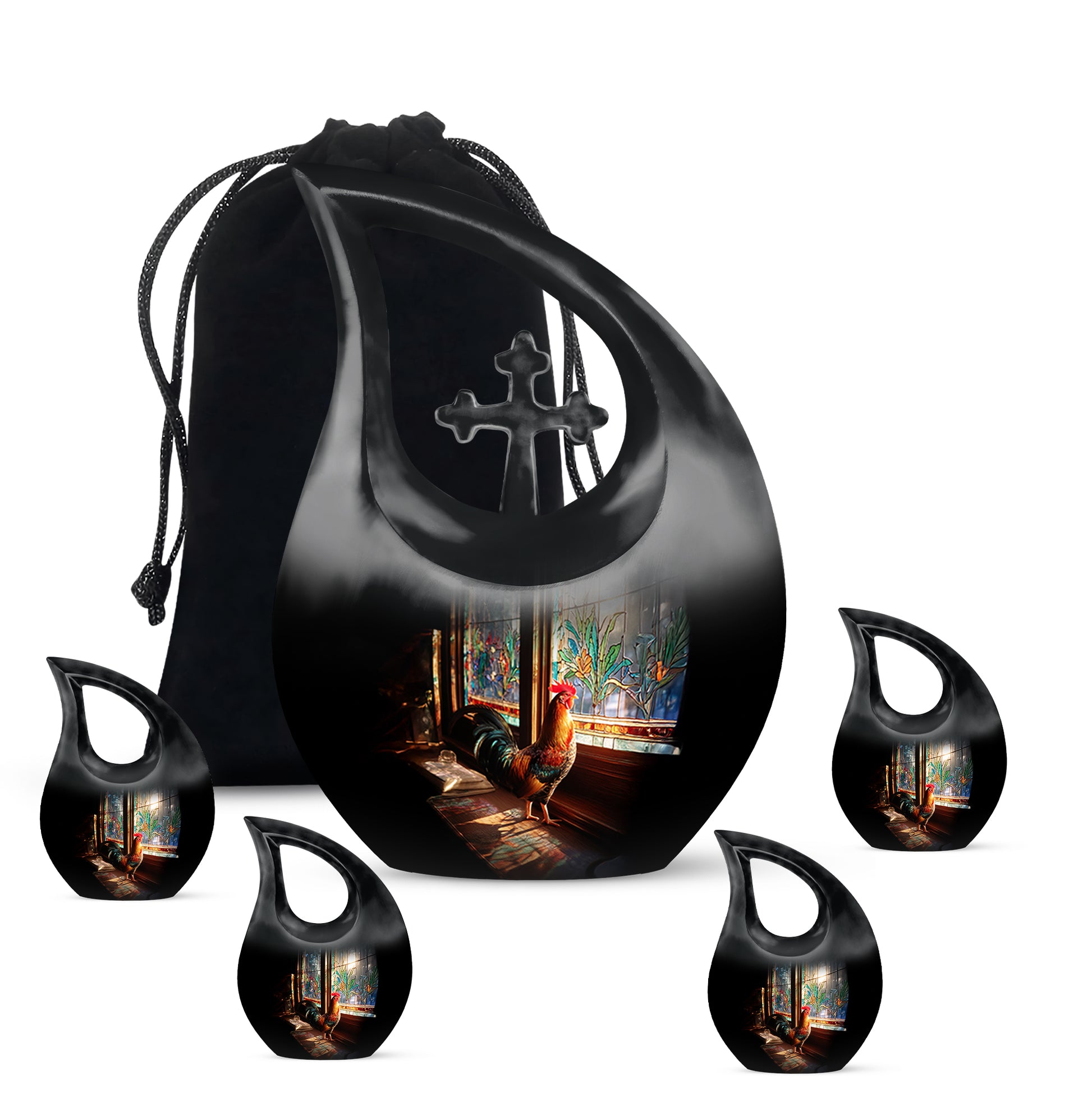 Rich Black Hen Cremation Urn urn with complimentary velvet bag - sacred cross merged with hen motif on metal - memorial set with one large and four small urns