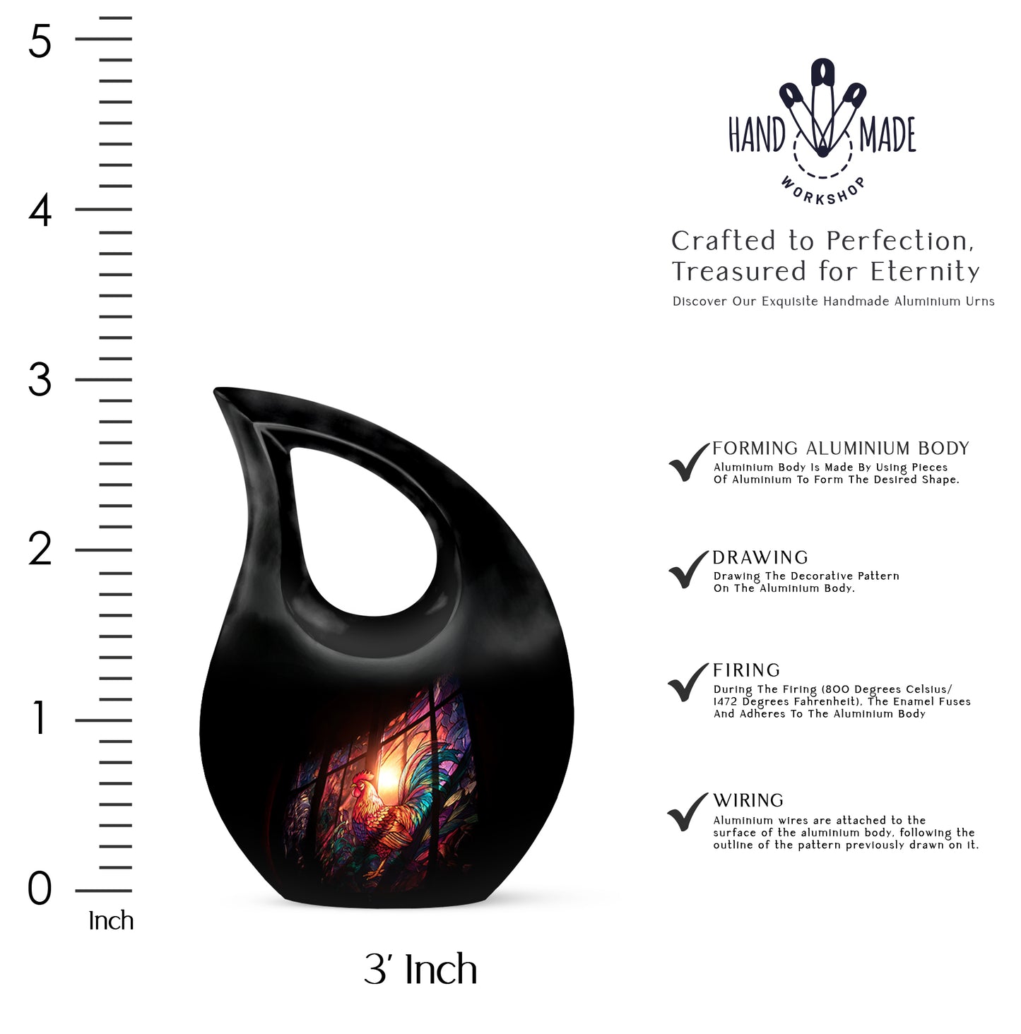 Onyx Black Hen Cremation Urn back view with polished surface - faith-inspired cross-drop urn with hen pattern - mini keepsake memorial for portion of cremation ashes