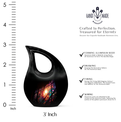 Onyx Black Hen Cremation Urn back view with polished surface - faith-inspired cross-drop urn with hen pattern - mini keepsake memorial for portion of cremation ashes