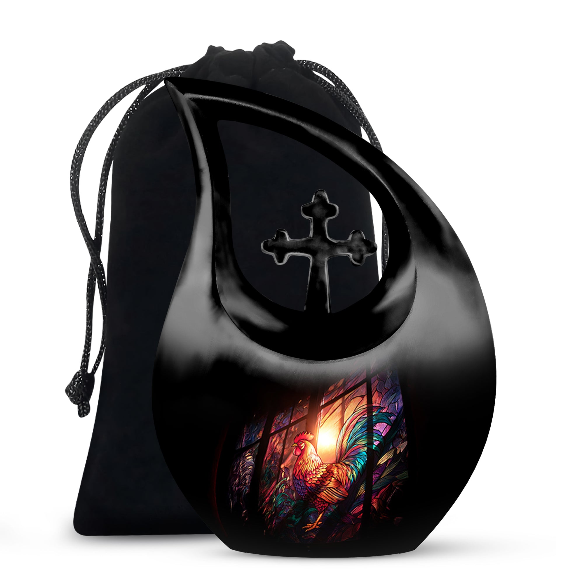 Charcoal Black Hen Cremation Urn top-down view of secure threaded lid - faith-inspired cross-drop urn with hen pattern - full-size 10 inch 200 cubic inch adult cremation urn