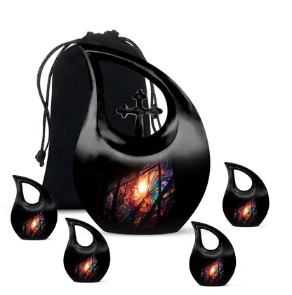 Charcoal Black Hen Cremation Urn urn with complimentary velvet bag - devotional cross-drop hen engraving - memorial set with one large and four small urns